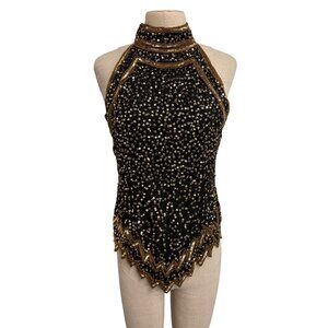 Vintage Mark and John By Gopal Sequin Halter Top Black and Gold Zigzag Hem Silk